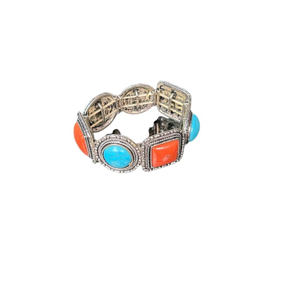Navajo Boho Silver Tone Stretch Bracelet Faux Turquoise Coral Panel Statement
